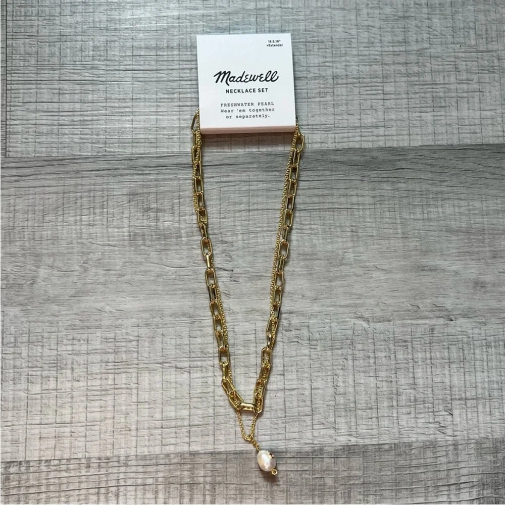 NEW MADEWELL Two-Pack Studded Freshwater Pearl Necklace Set Gold Woodrose - Picture 6 of 9